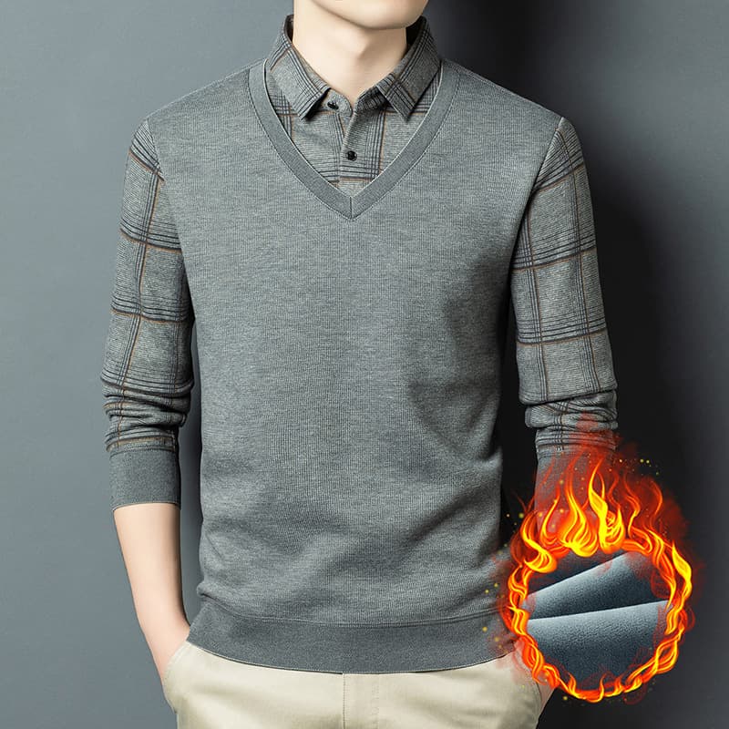 High-End Fake Two-Piece Men's Shirt Collar Long-Sleeve T-Shirt Fleece-Lined Thick Fashion Business Mid-Age Dad's Wear Knitted Sweater