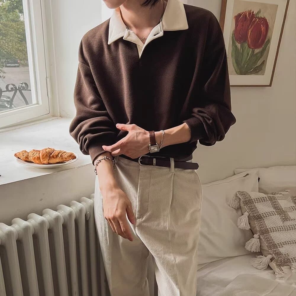 Vintage Contrast Color Pullover Polo Collar Sweatshirt for Men, Autumn/Winter Korean Trendy Loose Casual Versatile Turn-Down Collar Top