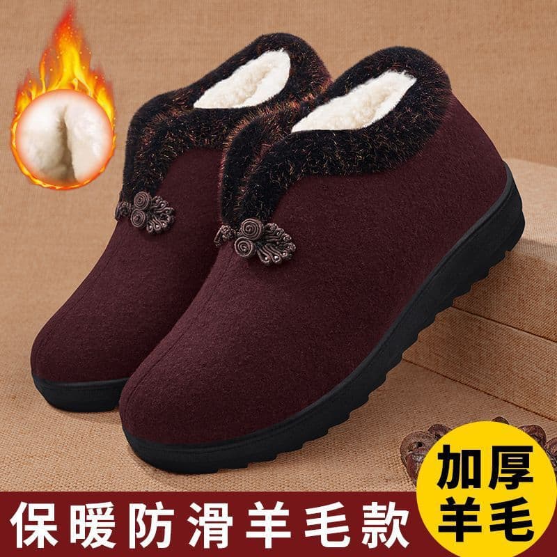 Old Beijing Cloth Shoes for Women, Winter Plush Warm Thick Wool Elderly Shoes, Mother/Grandma Anti-Slip Cotton Shoes