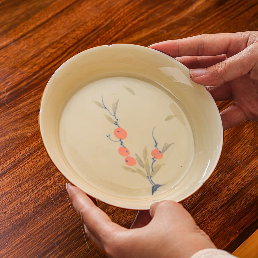 Chinese Retro Plant Ash Hand-painted Persimmon Pattern Tea Boat, Underglaze Color Ceramic Home Gongfu Tea Set Ancient Single Tea Stand