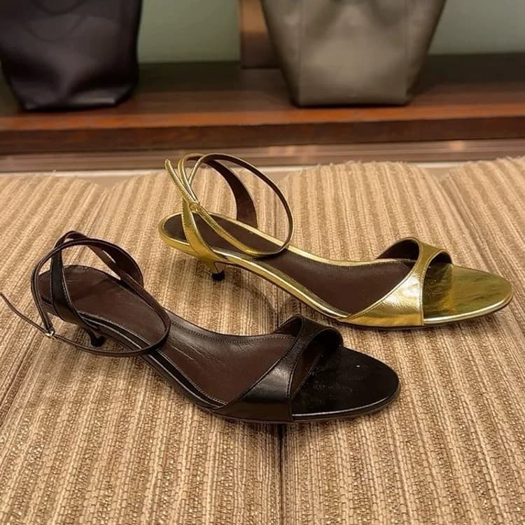 Sheepskin Version ~ Niche Genuine Leather Kitten Heel Sandals for Women Summer French Style One-Strap Low Heel Thin Heel Open-Toe Slide Sandals