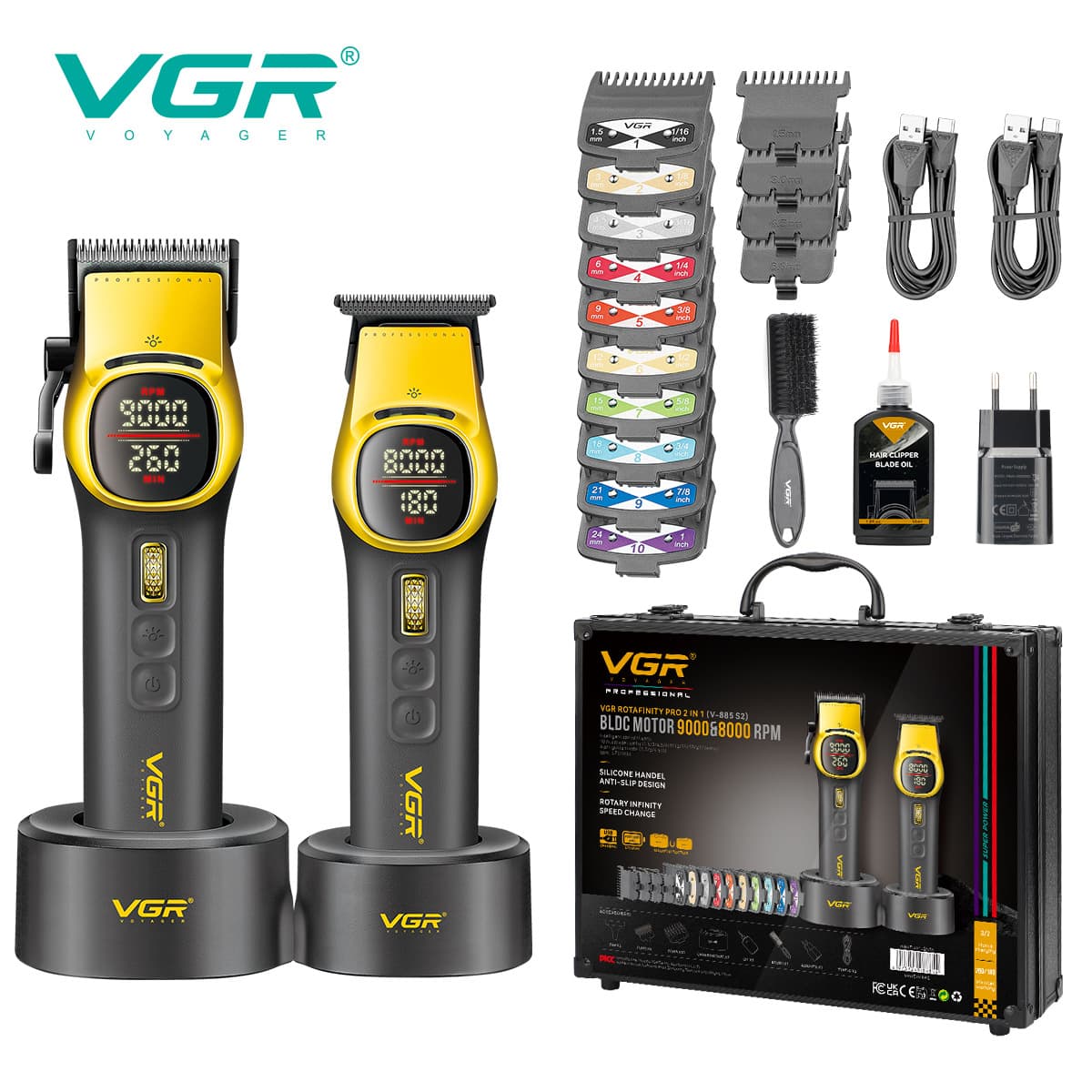 Vgr885S2 Cross-Border Electric Hair Clipper Set Professional Digital Display High-Speed Brushless Motor 9000Rpm Electric Clipper
