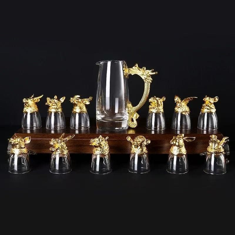 Chinese Liquor Cup Set with 12 Zodiac One-Shot Cups, Crystal Glass One-Shot Cups, Strong Liquor Dispenser Gift Box Wholesale