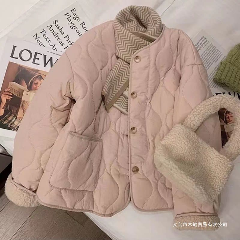 Pink diamond pattern lamb wool cotton coat, new winter Korean style, short cotton coat, thick cotton-padded jacket.