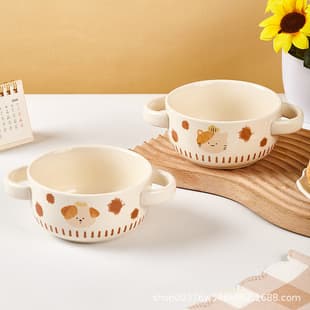 Double Handle Steamed Egg Bowl Japanese Style Cute Ceramic Bowl Kids Baby Special Food Bowl Soup Bowl Salad Bowl
