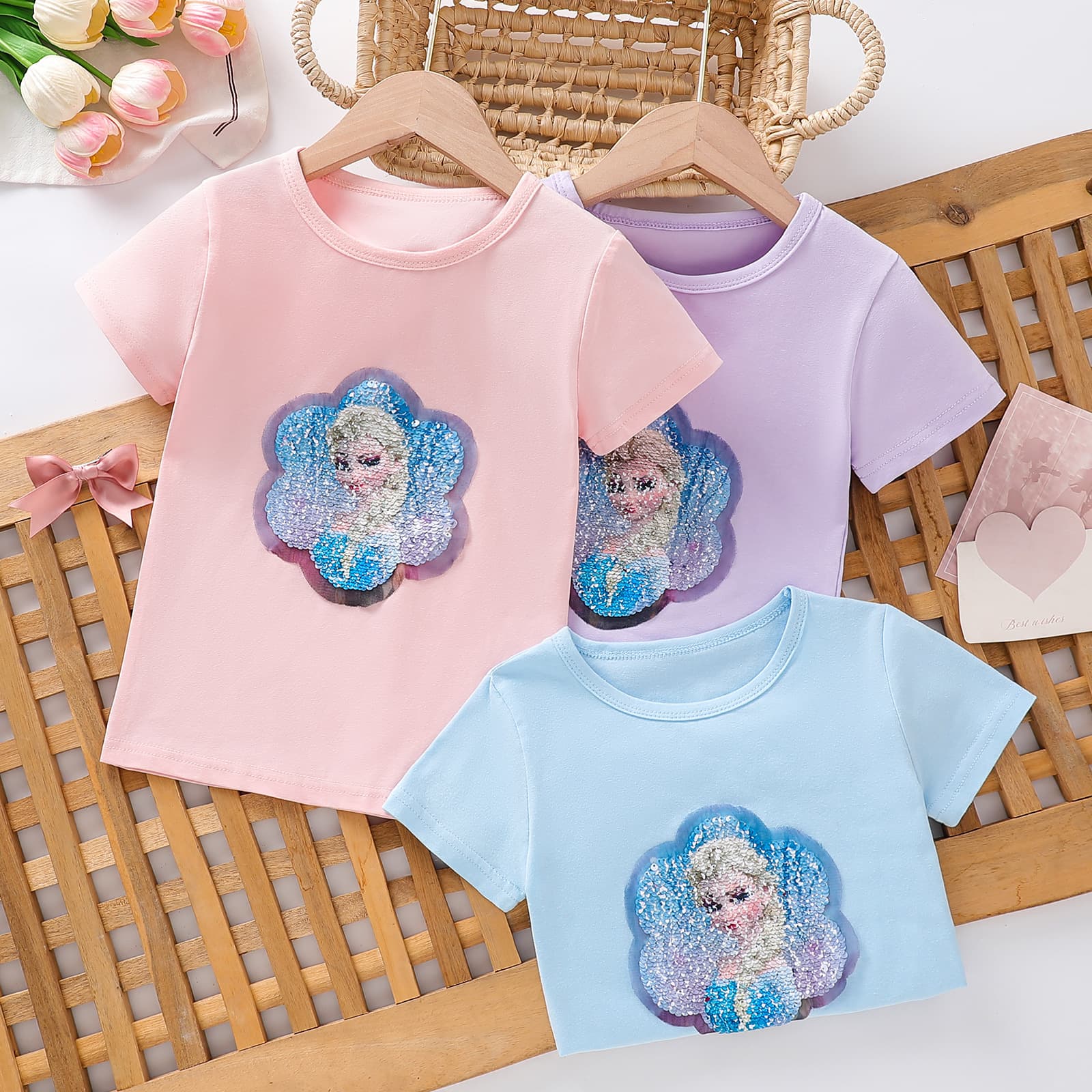 Foreign Trade Cross-Border Girls' T-Shirt 2026 Summer Children's Top Baby Clothing Girls Elsa Color-Changing Sequin Short Sleeve