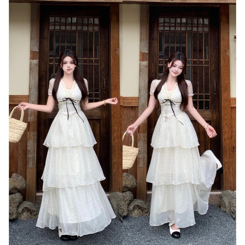 Real Shot~Summer Retro Ruffled Bow Long Dress with Waist-Cinching Polka Dots
