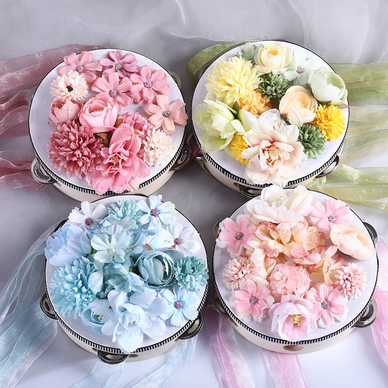 Silk flower ribbon, tambourine, floral decoration, tambourine, folk dance hand clapping drum, tambourine, classical dance performance props