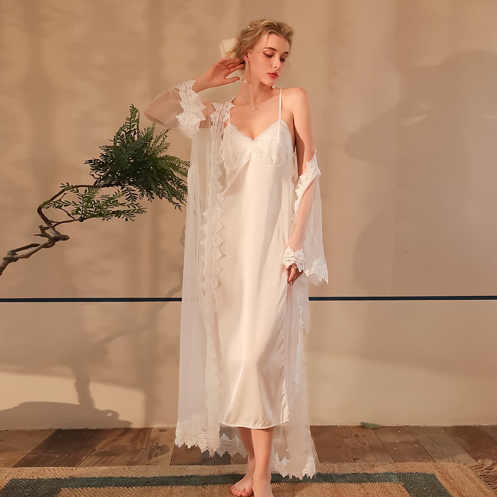 Factory Wholesale Bride Morning Robe Set Satin Backless Spaghetti Strap Nightgown Mesh Lace Robe Loungewear 538