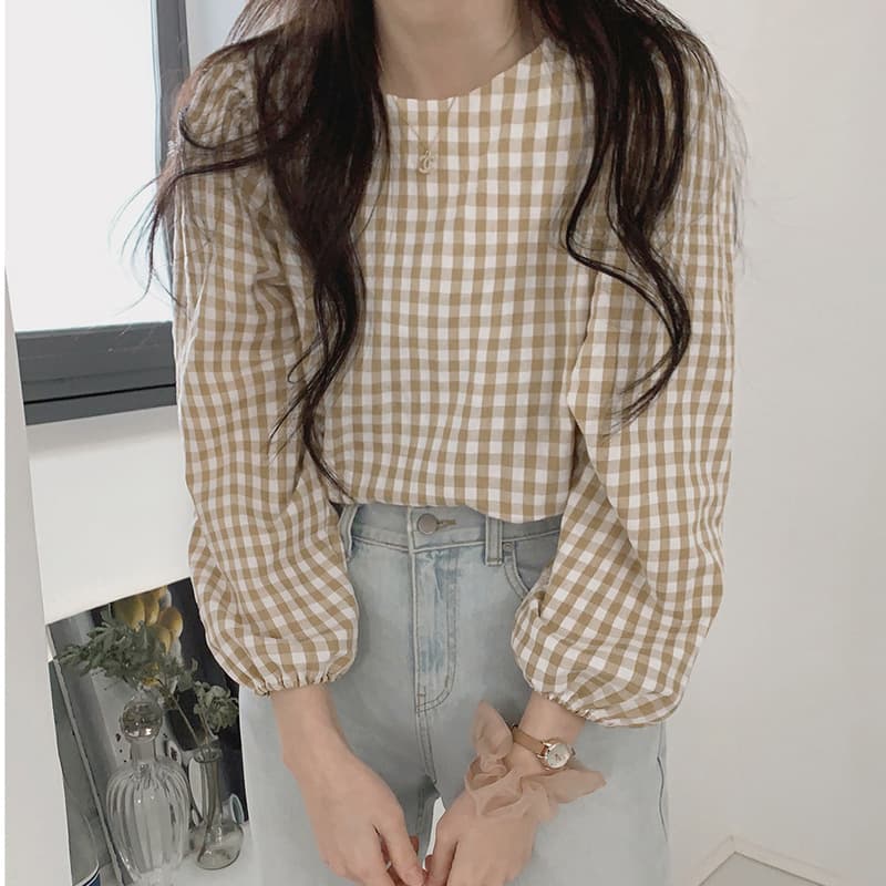 Women's Plaid Shirt with Chic Design, Long Sleeve Top for Spring and Fall 2025 New Arrival, Round Neck Versatile Stylish Blouse