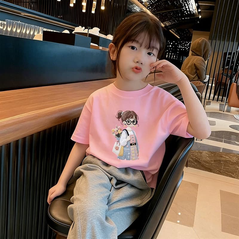 Girls Short Sleeve T-Shirt 100% Cotton Summer 2026 New Style Children's Fashionable Top for Older Girls