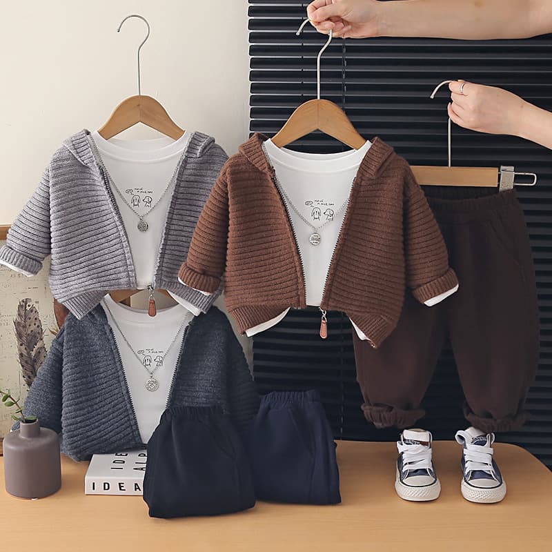 Boys Korean Style Fall Sweater Jacket 3-Piece Set New Trendy Toddler Outfit Ages 0-5
