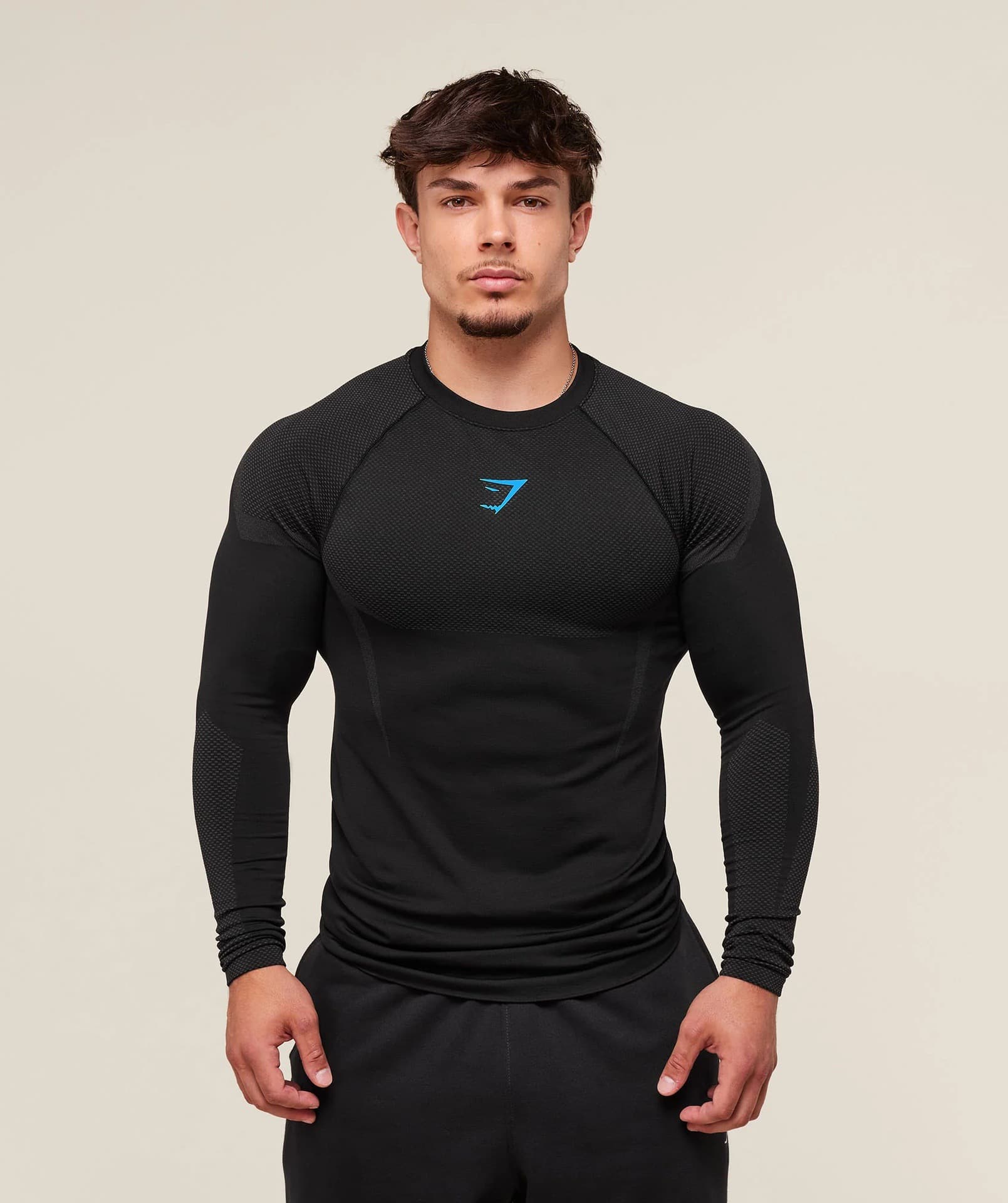 GYMSHARK/ONYX5 Men's Long Sleeve Crew Neck Athletic Fitness Quick-Dry Breathable Stretch Compression T-Shirt