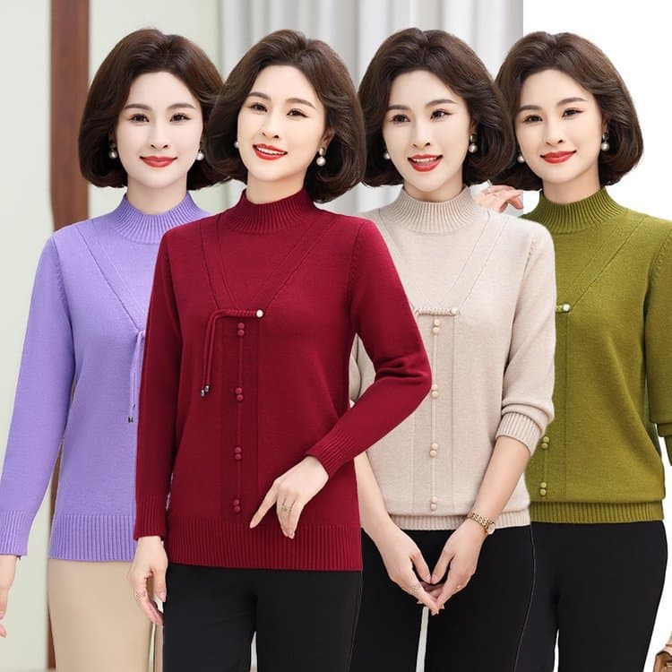 New Chinese-style Knit Sweater for Middle-aged Women, Fashionable, Slimming, Versatile Base Layer