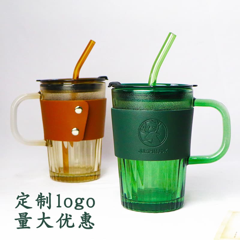 Creative snap leather case, glass strap handle, high-looking color matching ice coffee juice cup, beer mug wholesale