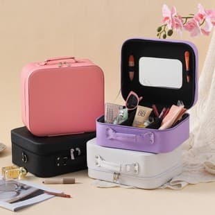 New LED Light Makeup Box, Simple and Stylish Portable PU Leather Large Capacity Cosmetic Storage Case