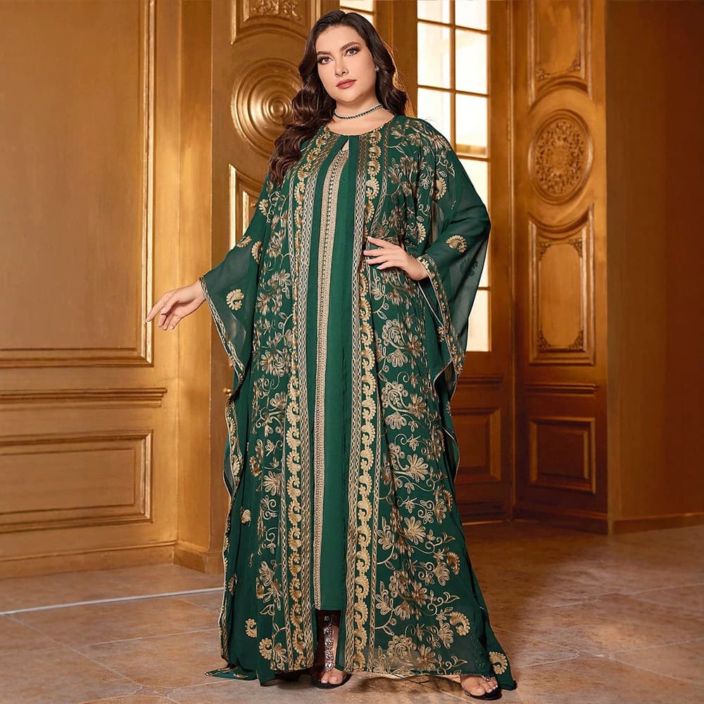 KY758 large size ethnic style embroidered long-sleeved cardigan dress two-piece set loose retro elegant long women's clothing