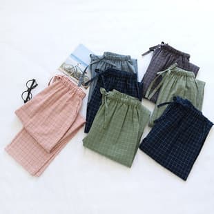 Unisex Home Sleep Pants, Plus Size Couple Long Pants, Single-Layer Washed Cotton Plaid Long Pants, Summer Thin Cotton New Style