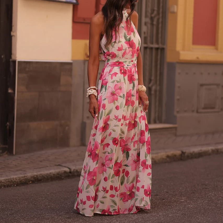2026 spring European and American style cross-border elegant printed women's fresh wrap skirt pleated temperament commuting long dress