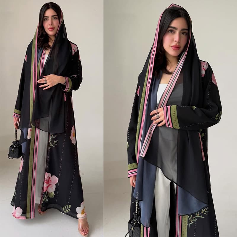 MQ288 Modest Cross-Border E-Commerce Best-Selling Chiffon Printed Long Sleeve Fashion Ethnic Style Jacket with Headscarf