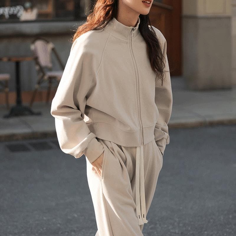 Lazy Style Petite Casual Sportswear Two-Piece Set Lightweight Zip-Up Hoodie Jacket Fashionable Long Pants Set Women