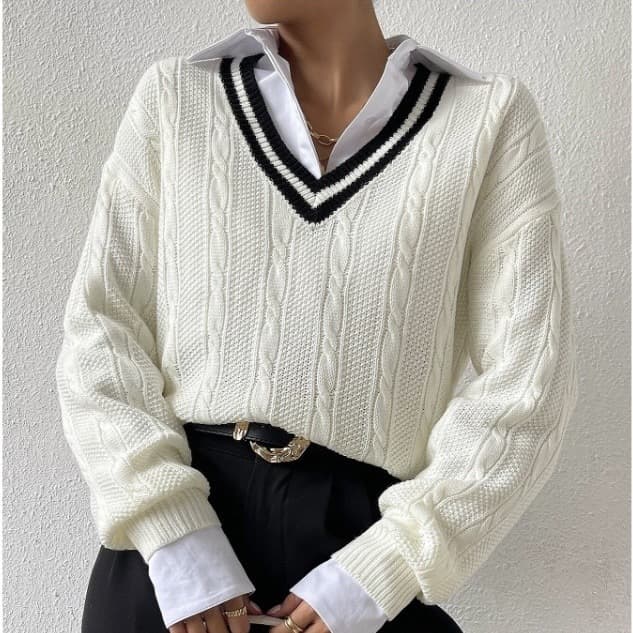Trending New Knit Sweater for Women, European and American Export Style, Elegant V-Neck Cable Knit Ribbed Texture