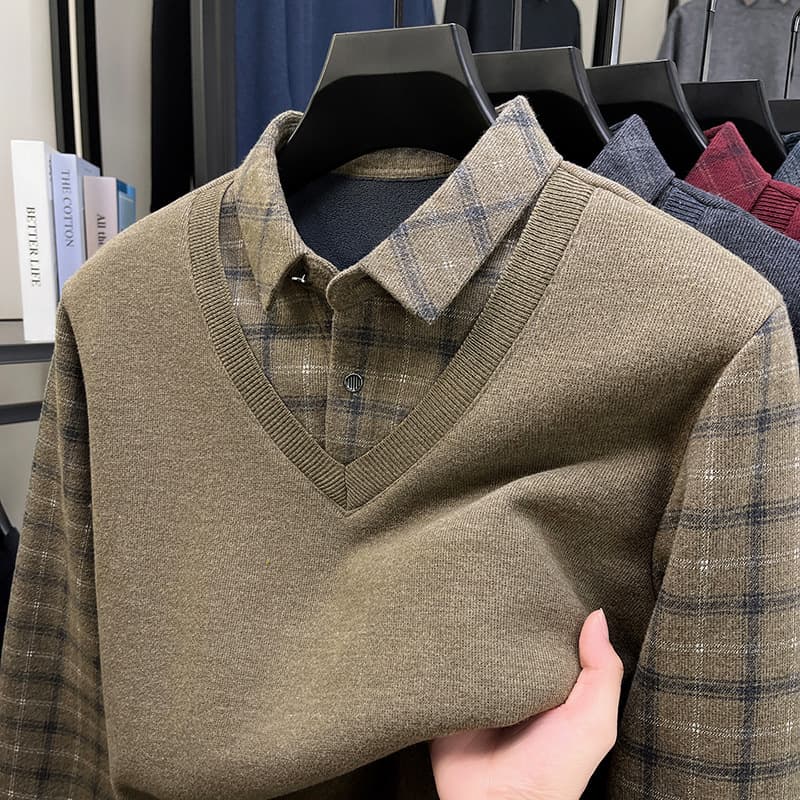 Warm Two-in-One New Winter Fleece-Lined Thickened Middle-Aged Dad's Wear Collar Business Casual Knitwear (Out of Stock)