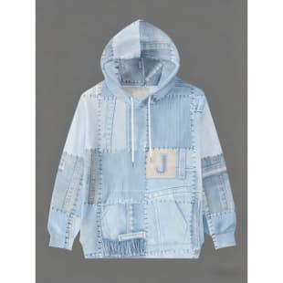 Cross-Border Best Seller Faux Denim Sweatshirt Digital Print Casual Pullover Hoodie Long Sleeve Pocket Hoodie Top