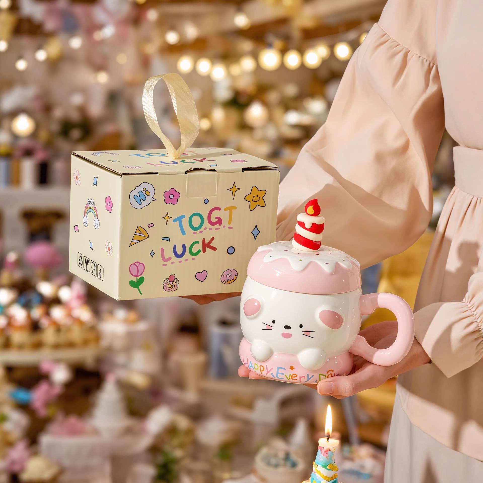 Cute Ceramic Mug for Women with Lid and Spoon, Practical Birthday Gift for Friends, Souvenir Cup