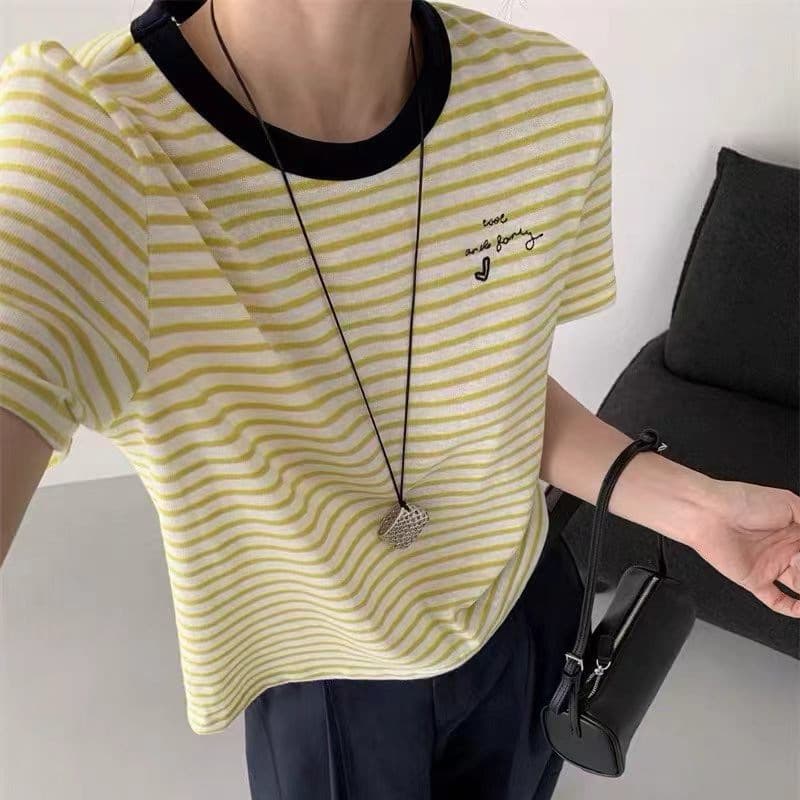 Washed Thin Cotton Striped Short Sleeve T-Shirt for Women, Korean Loose Casual Versatile Layering with Small Embroidery, Summer Top W38