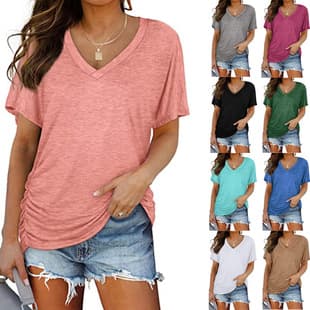 Cross-border European and American Women's Fashion 2025 Amazon New Solid Color Batwing Sleeve Side Pleated V-Neck Short Sleeve T-Shirt