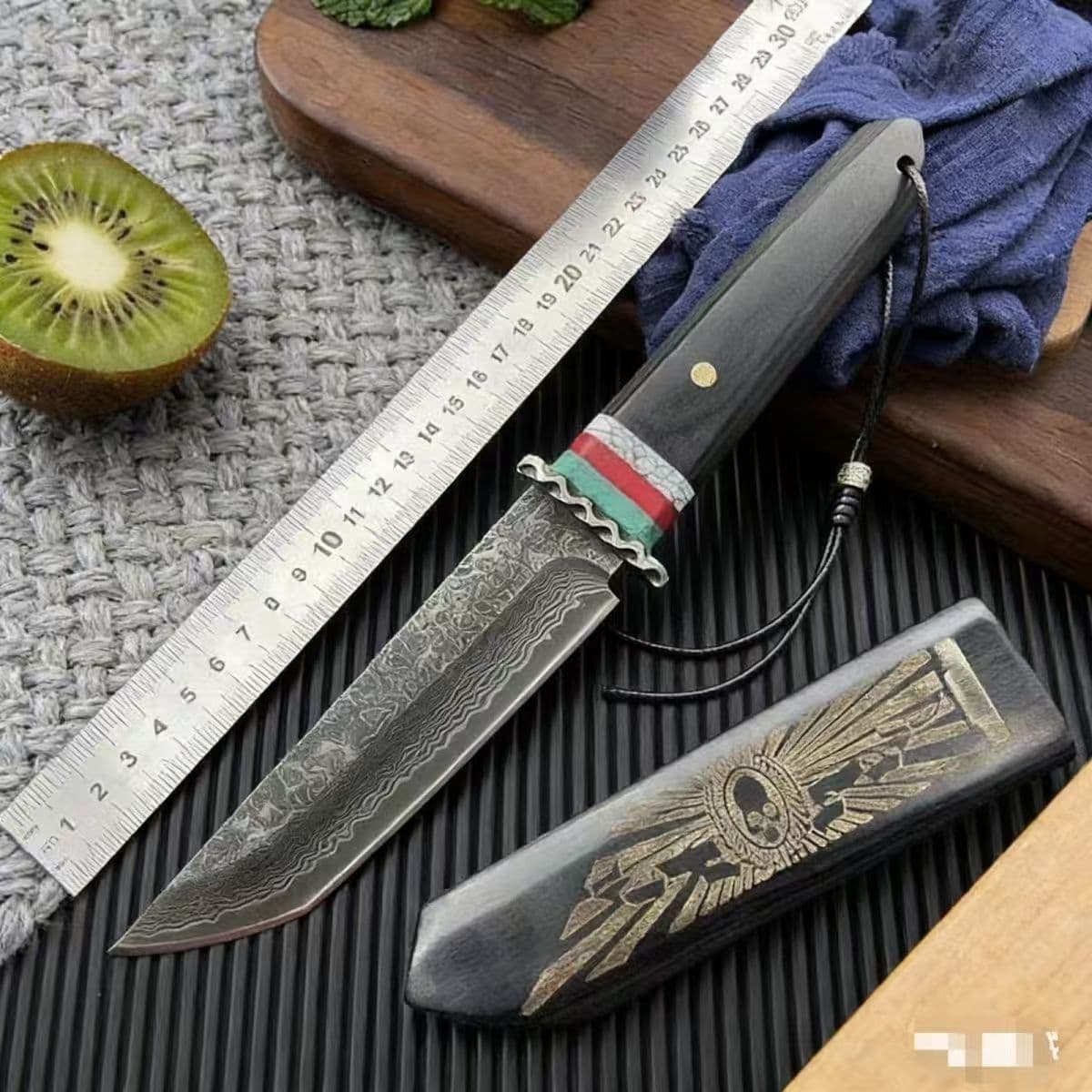 Damascus Kusanagi Outdoor Straight Knife Camping Survival Solid Wood Sheath High Hardness Self-Defense Japanese Style Camping Knife