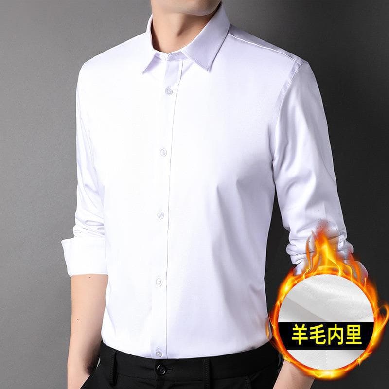 New 2025 Men's Winter Thickened Casual Shirt Warm Fashionable Business Formal Bamboo Fiber Long Sleeve Pure Color Polyester