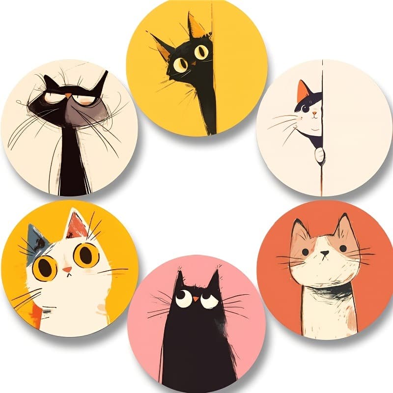 Cross-border bestseller, 6-piece set of simple and charming cat wooden coaster set, cat-themed coasters