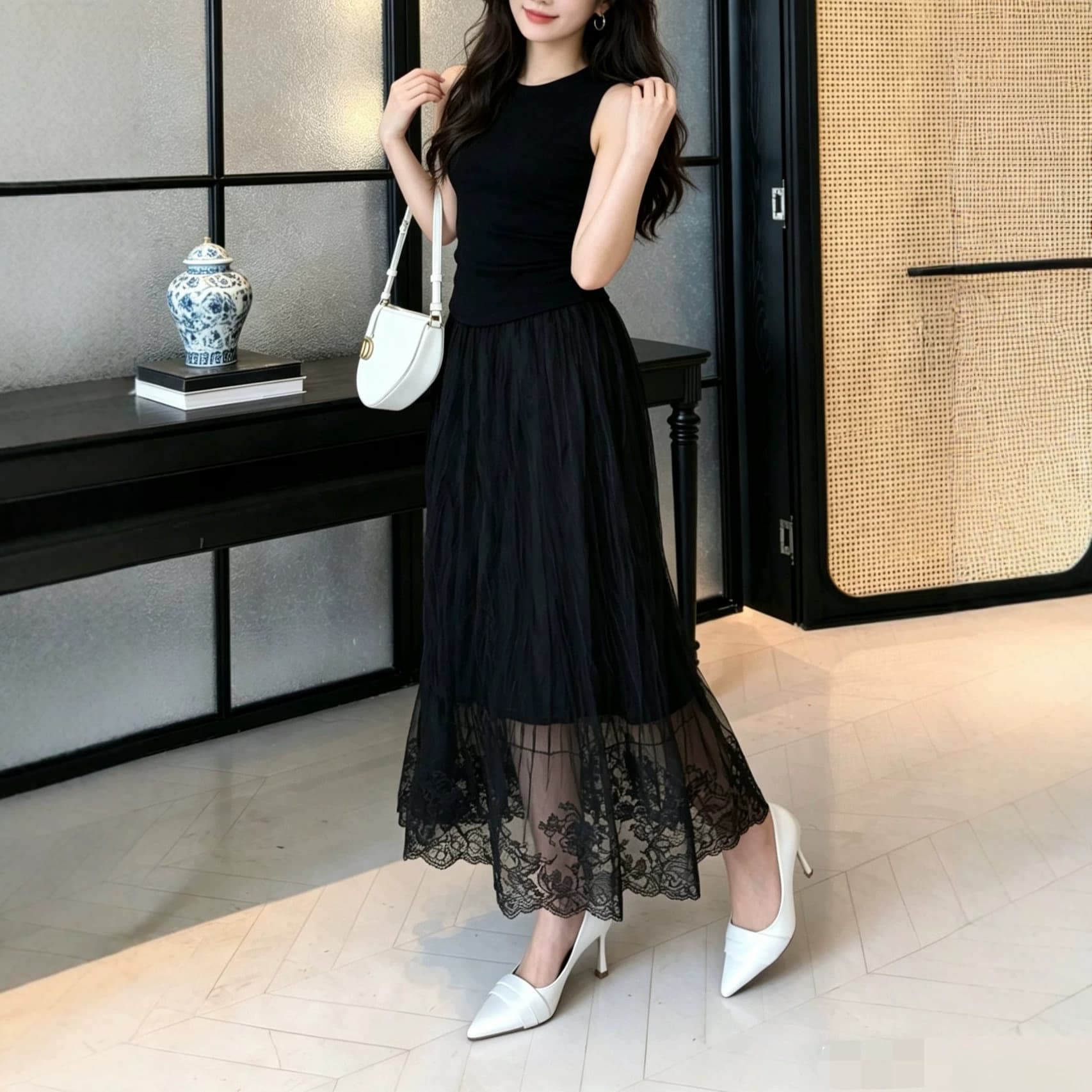 Nanyou French lace stitching pleated long skirt for women high-waisted A-line slimming pleated versatile skirt with gentle style