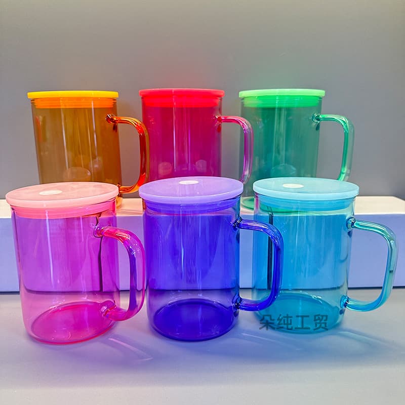 17oz Office Mug Handle Cup Sublimation Single Double Layer Thickened Colorful Lid Straw Cup Glass Jar Borosilicate Water Cup