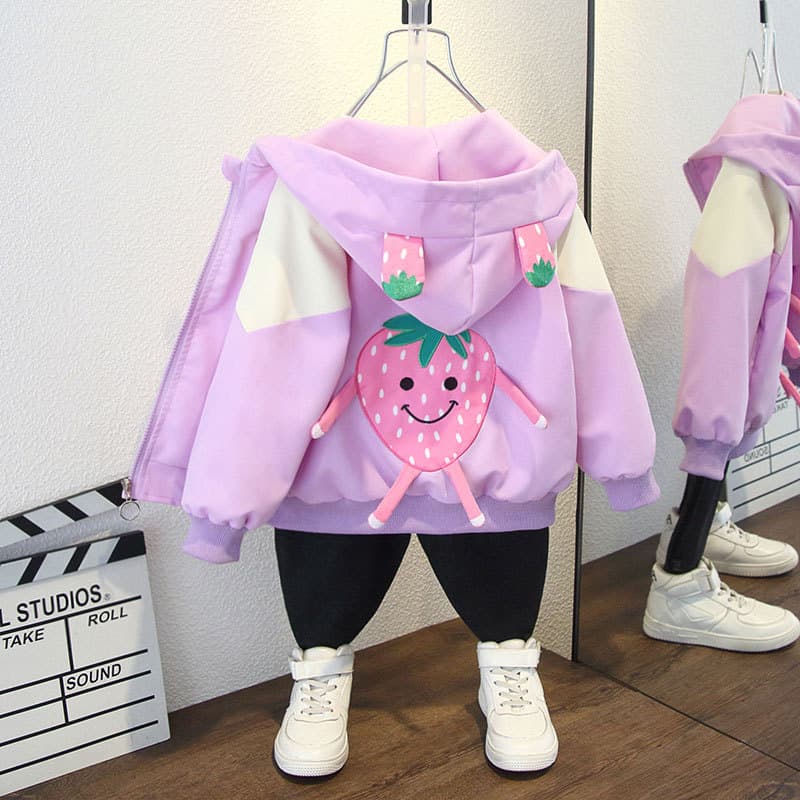 Girls Spring Strawberry Man Printed Jacket Cute Cartoon Top Fashionable Versatile Baby Outfit Long Sleeve Hooded Zipper Closure