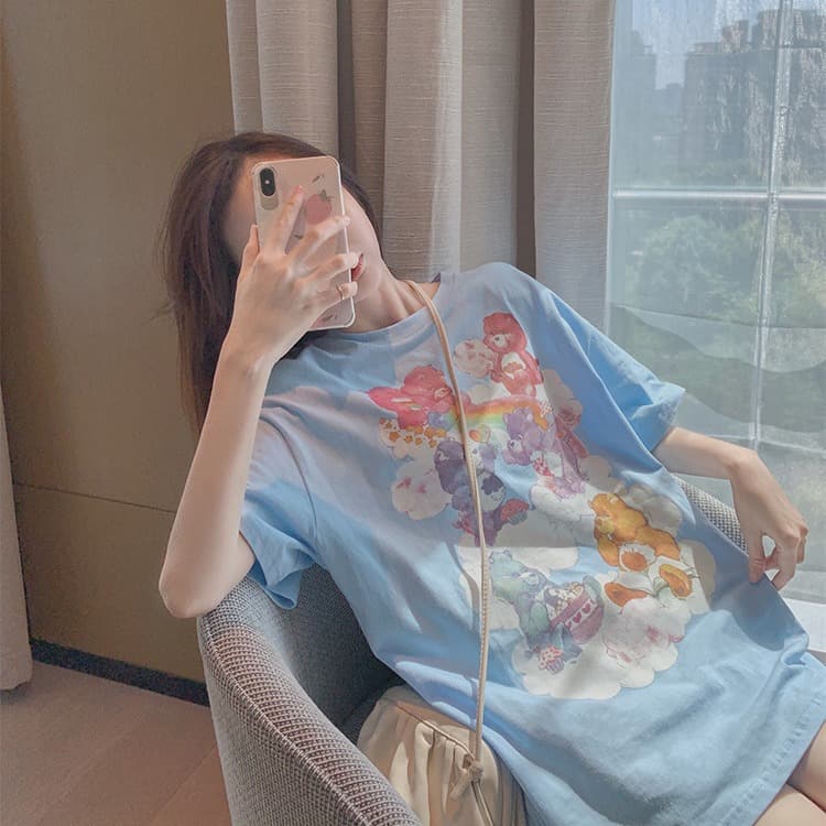 2024 New Blue Bear T-Shirt Short-Sleeved Loose Top Internet Celebrity Female Ins Super Popular Casual Mid-Length Summer
