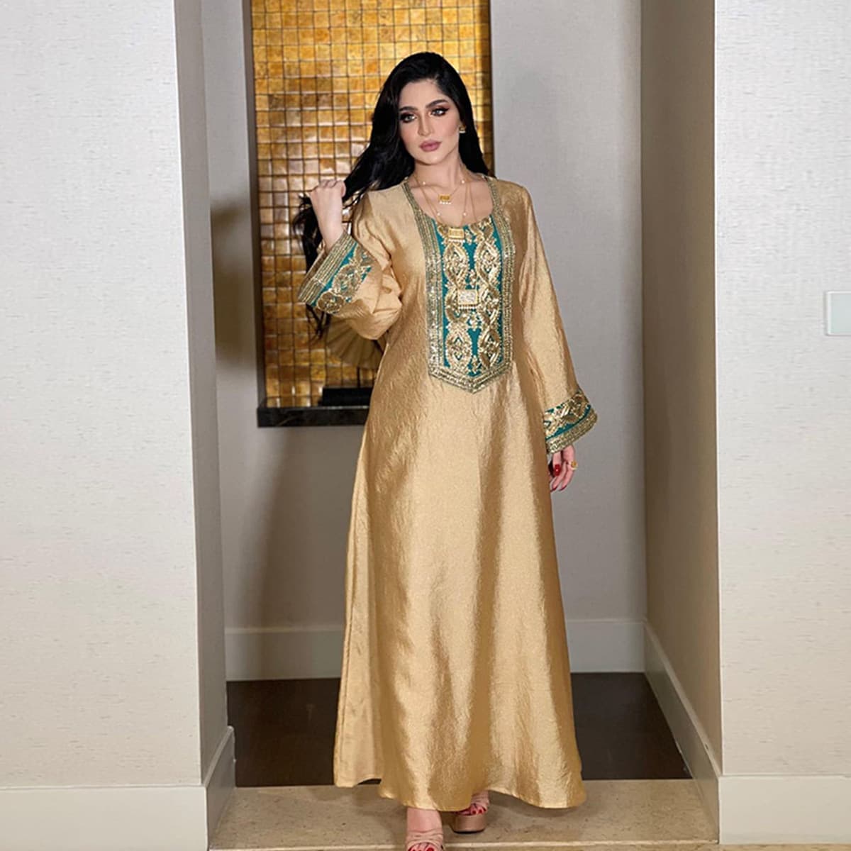 2024 Cross-border Women's Gold Long Sleeve Gold Thread Embroidery Loose Dress