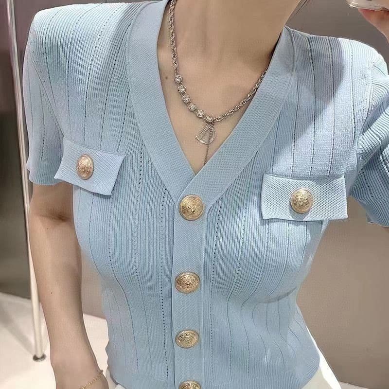 2025 Summer New Arrival Chanel-Style Thin V-Neck Knit Cardigan for Women, Short Fitted Slimming Short-Sleeve Sweater