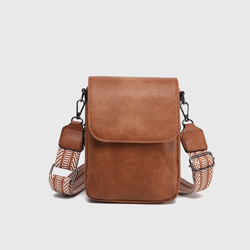 Cross-border women's mobile phone bag PU brown retro mini crossbody bag commuter fashion versatile wide shoulder strap small square bag for women