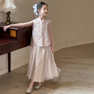 Girls' New Chinese Style Two-Piece Set Dress 2025 Summer New Heavy-Duty Jacquard National Style Vest and Skirt for Kids