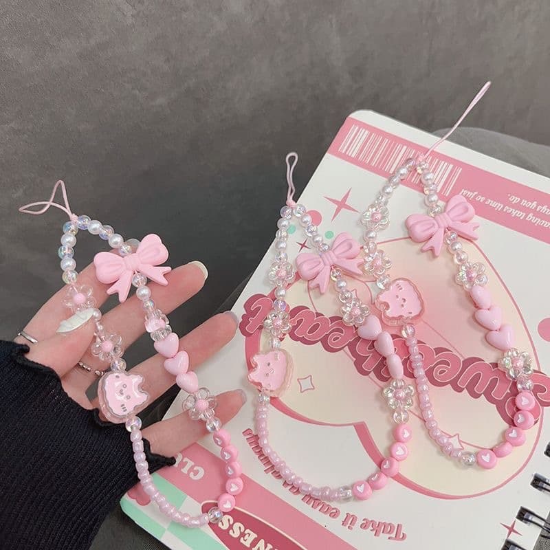 Sweet Ins-style cute bow bead chain heart-shaped beaded pendant for CCD camera, phone strap, keychain accessory