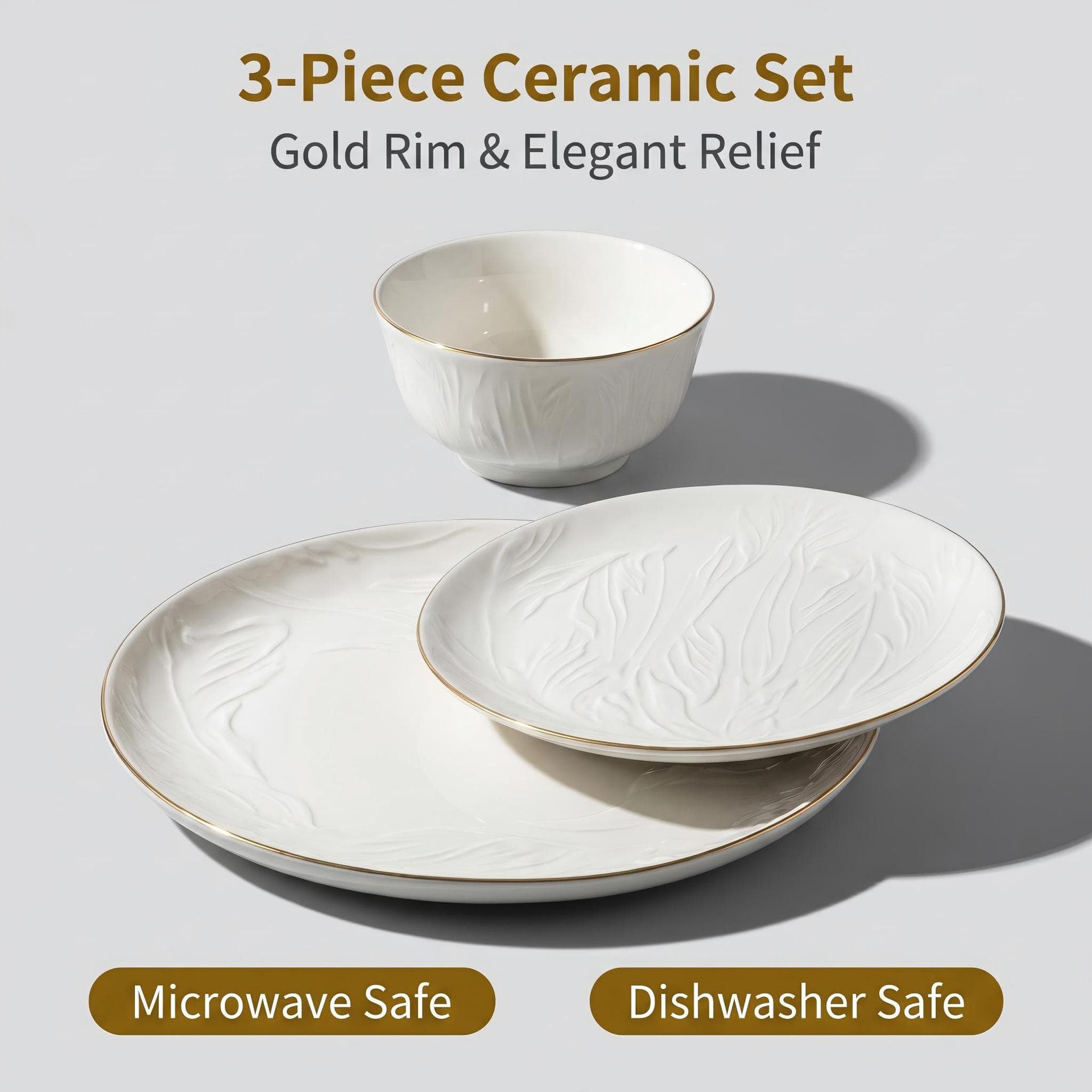Shunxiang Ceramic Dinnerware Set, Embossed Rice Bowls, High-Temperature Underglaze Color, 3-Piece Set with Flat Plate, Western-Style Plate
