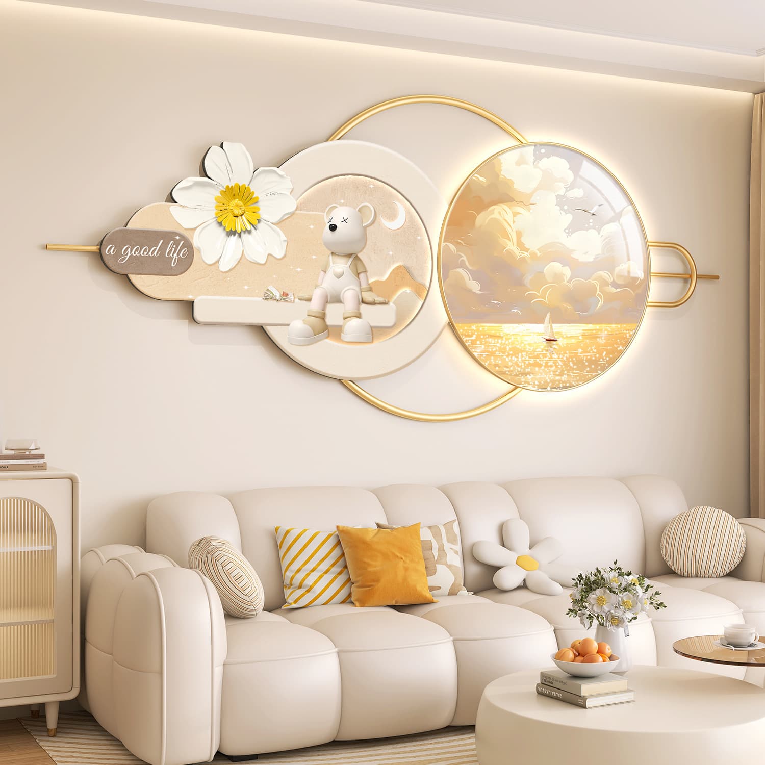 Cream style living room decoration painting sofa background wall luminous hanging painting high-end LED light painting no punching wall painting