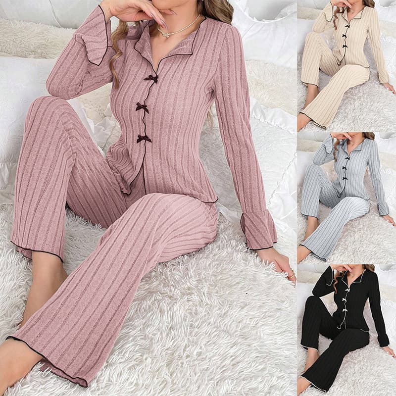 Cross-border European and American autumn and winter pajamas for women, fleece lapels and bows, fashionable and sexy long-sleeved trousers, home wear suits for women
