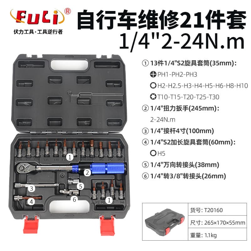 Mini Torque Wrench Set 1/4 Inch High Precision Bicycle Repair 21-Piece Torque Tool Kit