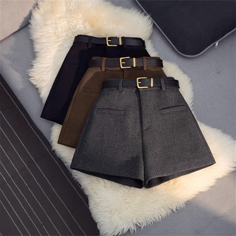 Outerwear Wool Shorts for Women Petite, 2024 Autumn/Winter Gray High-Waist Boot Shorts Versatile Slimming A-Line Wide-Leg Pants