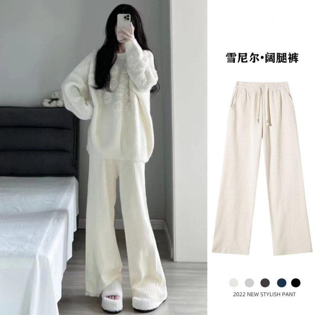 Velvet/non-velvet chenille wide-leg pants for women, autumn high-waisted floor-length pants, loose and drapey sports straight pants for women
