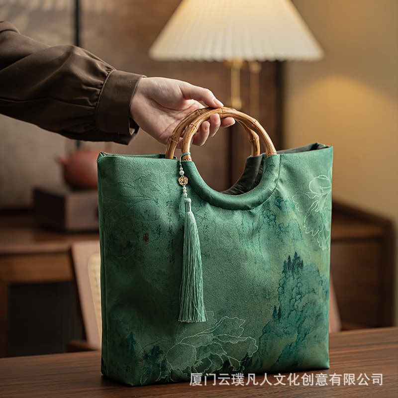 Cheongsam Handbag Large Capacity Tote Bag Chinese Style Retro Women's Bag Hanfu Bamboo Node Ancient Style Handbag 3D